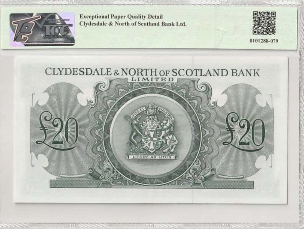 乐淘淘纸币精选 第15期 周五周六连拍第二场 【D 035882】苏格兰1961年纸币 20镑 苏格兰克莱兹代尔和北方苏格兰银行 号码无47 稀少品种 TQG65EPQ