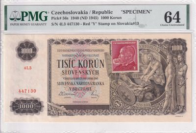 乐淘淘纸币精选 第14期 周五周六连拍第一场 - 【4L3 447130】捷克斯洛伐克1940年纸币 1000克朗 稀少样钞 精美大票幅 加盖邮票 PMG64 亚军分（冠军分仅一张）