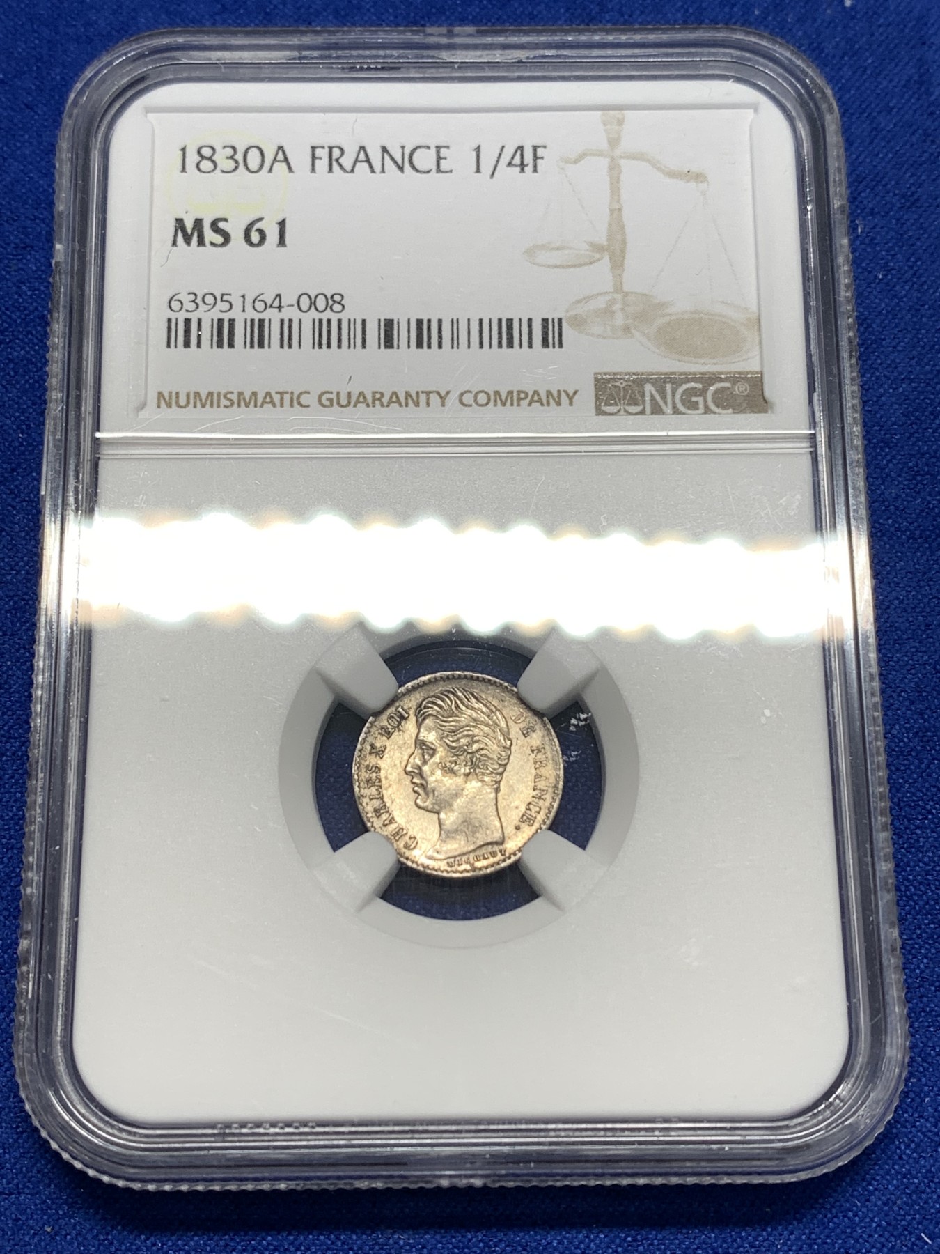 《竞宝斋》第189场-周日，周一 2场 (全场包邮) NGC MS61 法国1830年A巴黎厂查理十世1/4法郎银币 在位十年 极少好品辅币