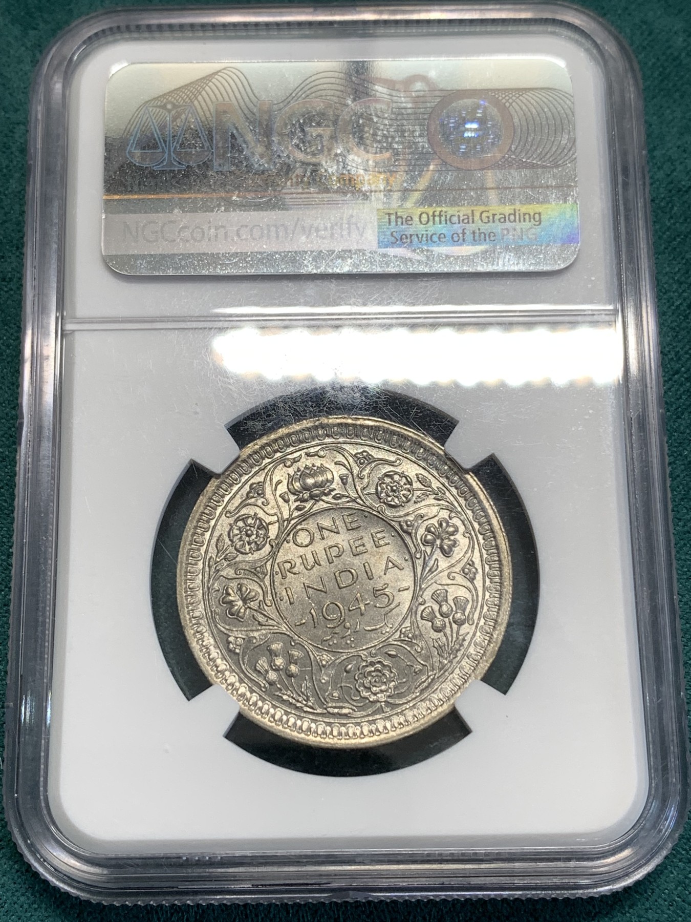 《竞宝斋》第189场-周日，周一 2场 (全场包邮) NGC MS62 乔治六世印度1卢比 1945年L版