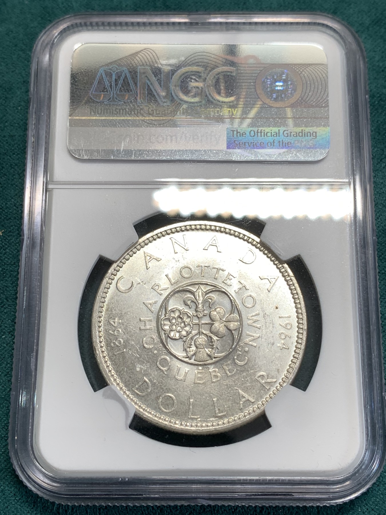 《竞宝斋》第189场-周日，周一 2场 (全场包邮) NGC MS63 加拿大1964年夏洛特敦和魁北克会议100周年纪念银币