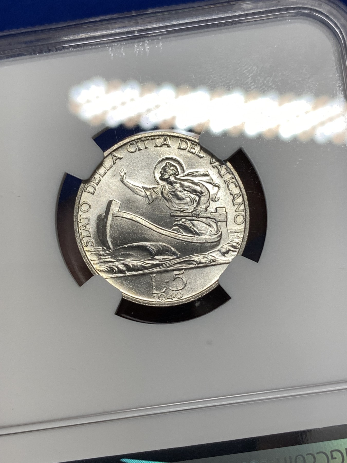 《竞宝斋》第189场-周日，周一 2场 (全场包邮) NGC-MS63 梵蒂冈 1940年 5里拉 划船银币 也很少见了