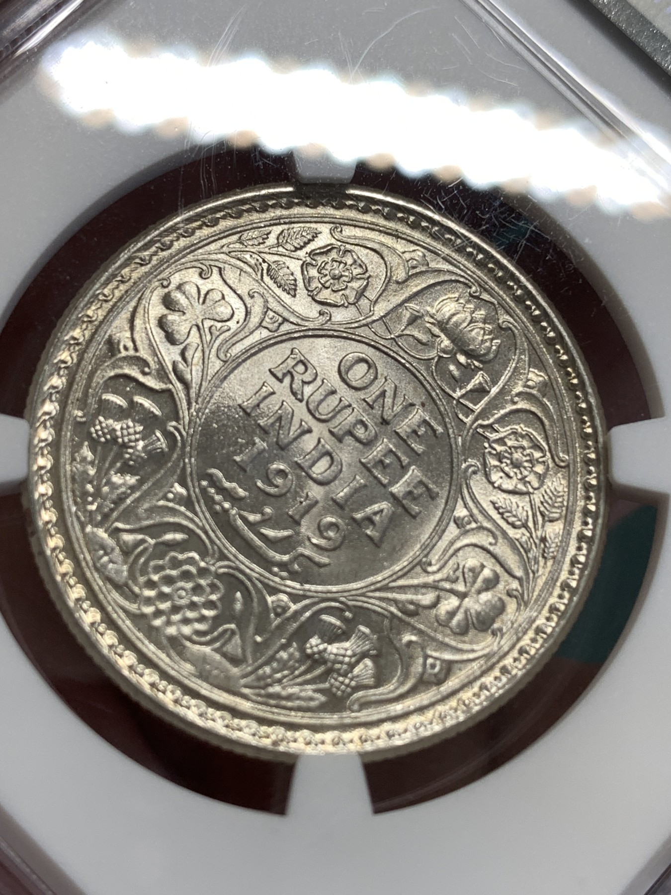 《竞宝斋》第189场-周日，周一 2场 (全场包邮) NGC-MS61 印度 1919年 乔治五世1卢比银币