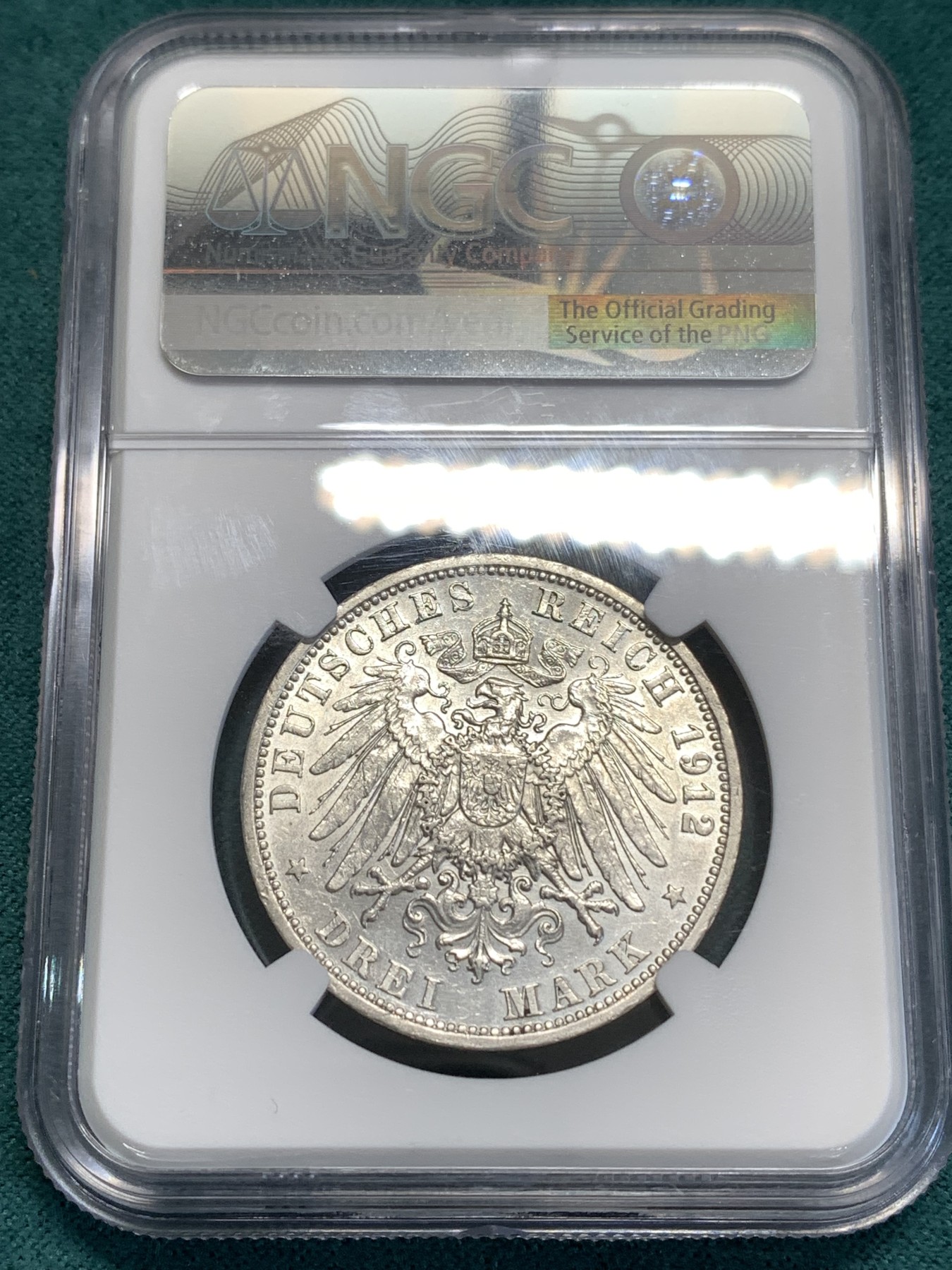 《竞宝斋》第189场-周日，周一 2场 (全场包邮) NGC MS62 德国1912吕贝克自由市双头鹰3马克银币