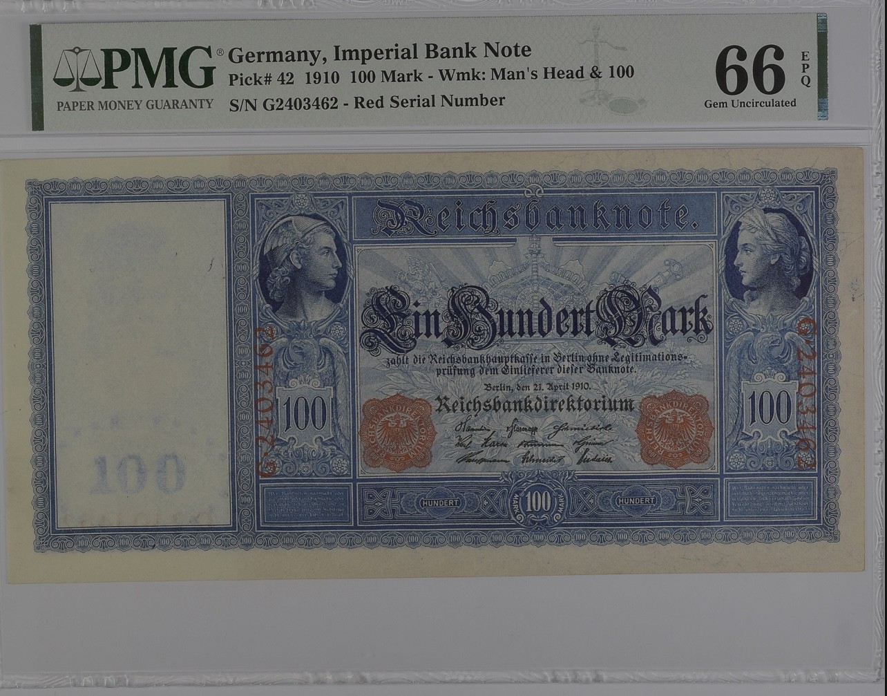 乐淘淘纸币精选 第15期 周五周六连拍第二场 【G2403462】德国1910年纸币 100马克 精美大票幅 百年老钞 PMG66EPQ 亚军分