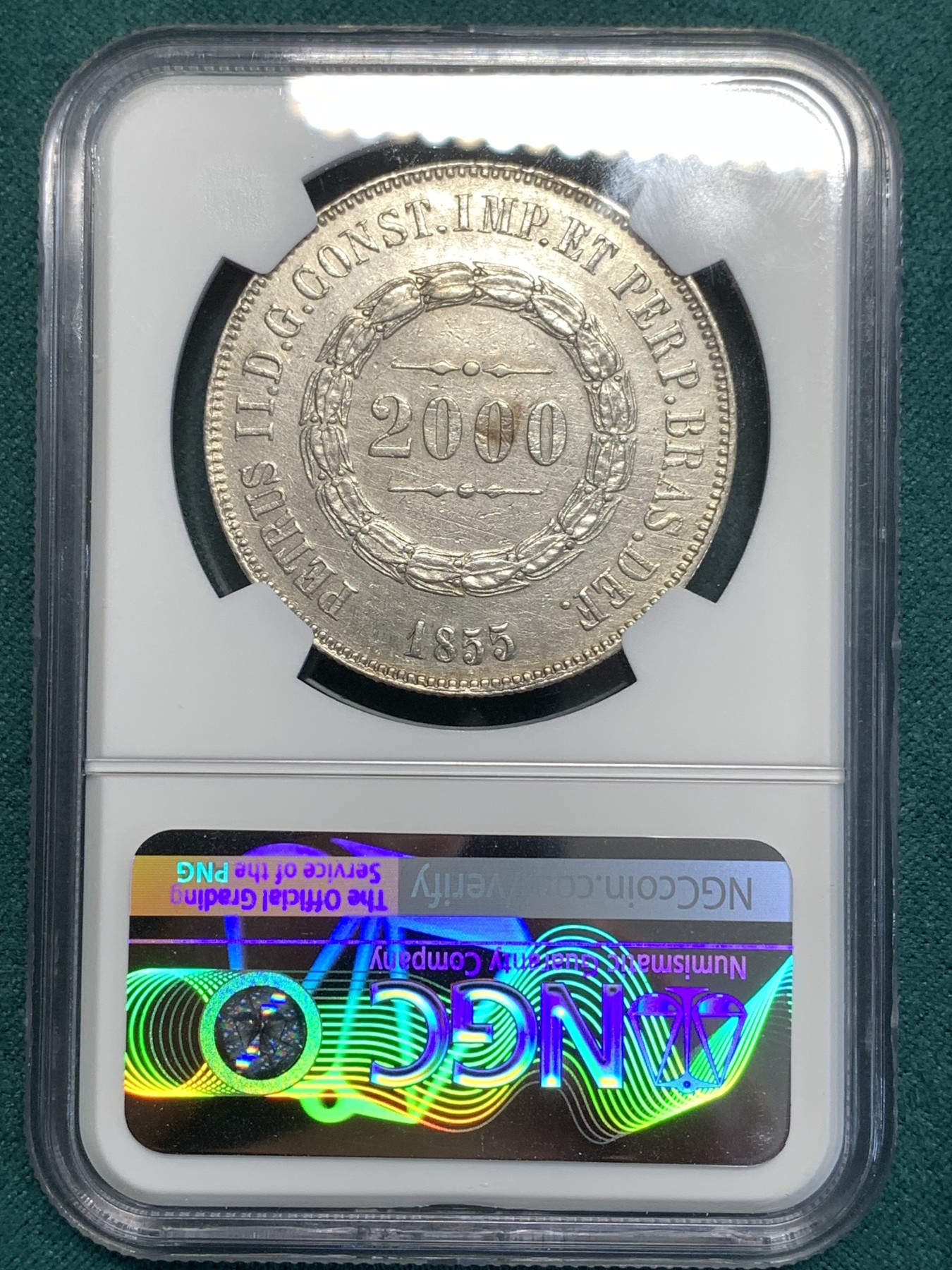 《竞宝斋》第189场-周日，周一 2场 (全场包邮) NGC-AUD 巴西帝国 1855年 2000瑞斯大银币