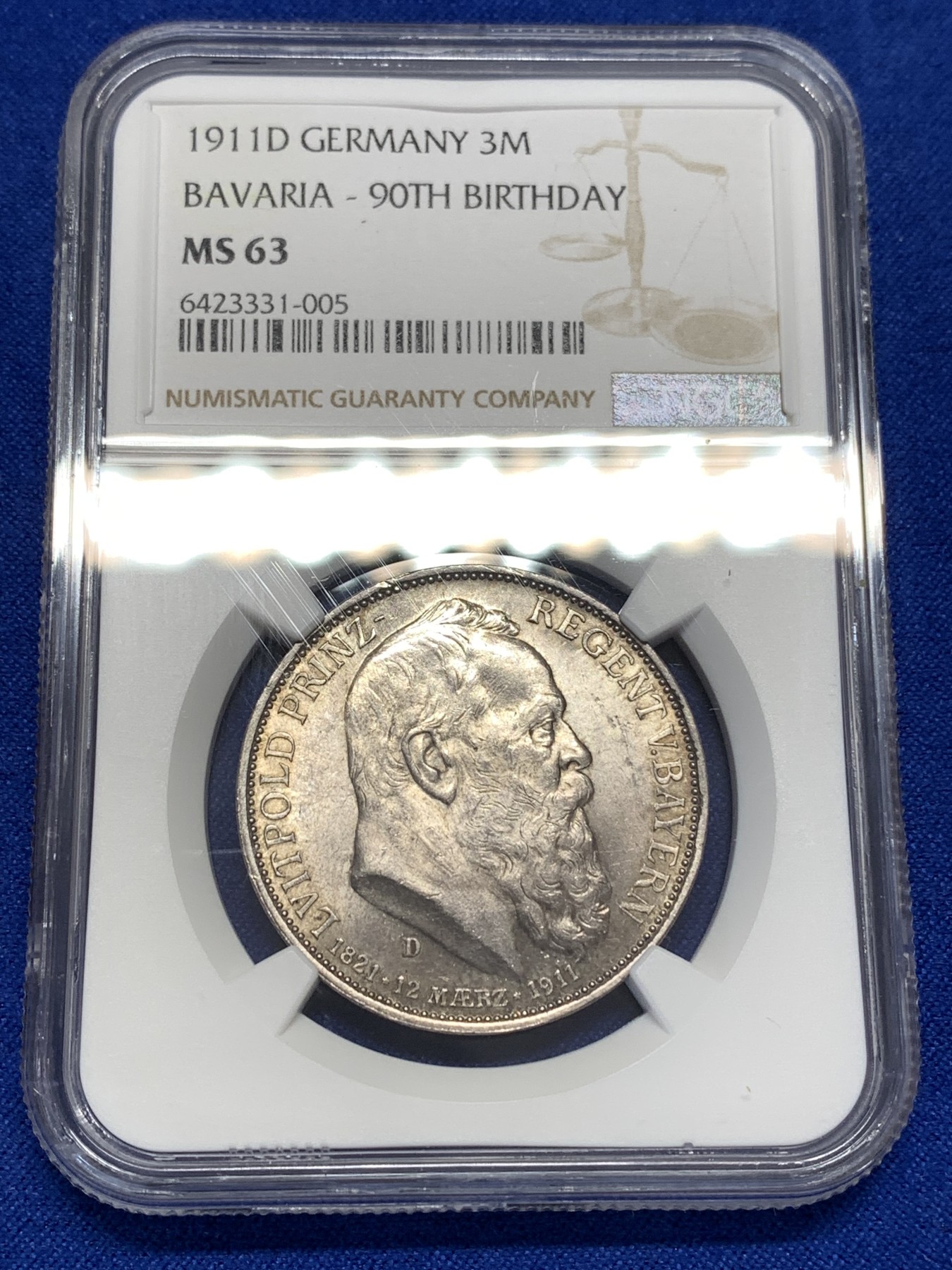 《竞宝斋》第189场-周日，周一 2场 (全场包邮) NGC-MS63 德国1911巴伐利亚利奥波德摄政王90大寿3马克银币