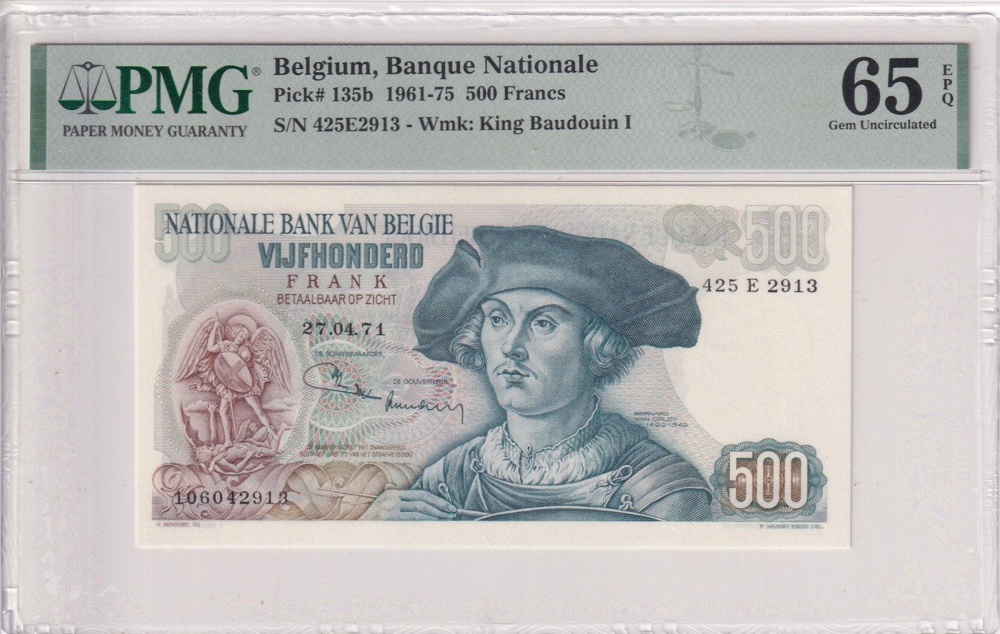 乐淘淘纸币精选 第15期 周五周六连拍第二场 【425E2913】比利时1961-75年纸币 500法郎 PMG65EPQ