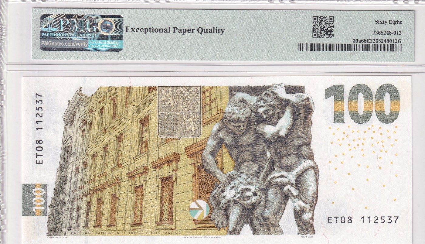 乐淘淘纸币精选 第15期 周五周六连拍第二场 【ET08112537】捷克2022年纸币 100克朗 纪念钞 PMG68EPQ 季军分