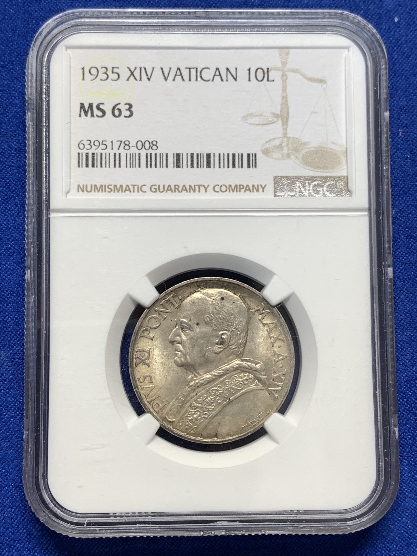 《竞宝斋》第189场-周日，周一 2场 (全场包邮) NGC-MS63 梵蒂冈1935年早期10里拉银币 圣母抱婴 MS少见