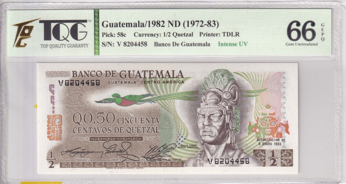 乐淘淘纸币精选 第15期 周五周六连拍第二场 【V 8204458】危地马拉1982年纸币 1/2格查尔 TQG66EPQ