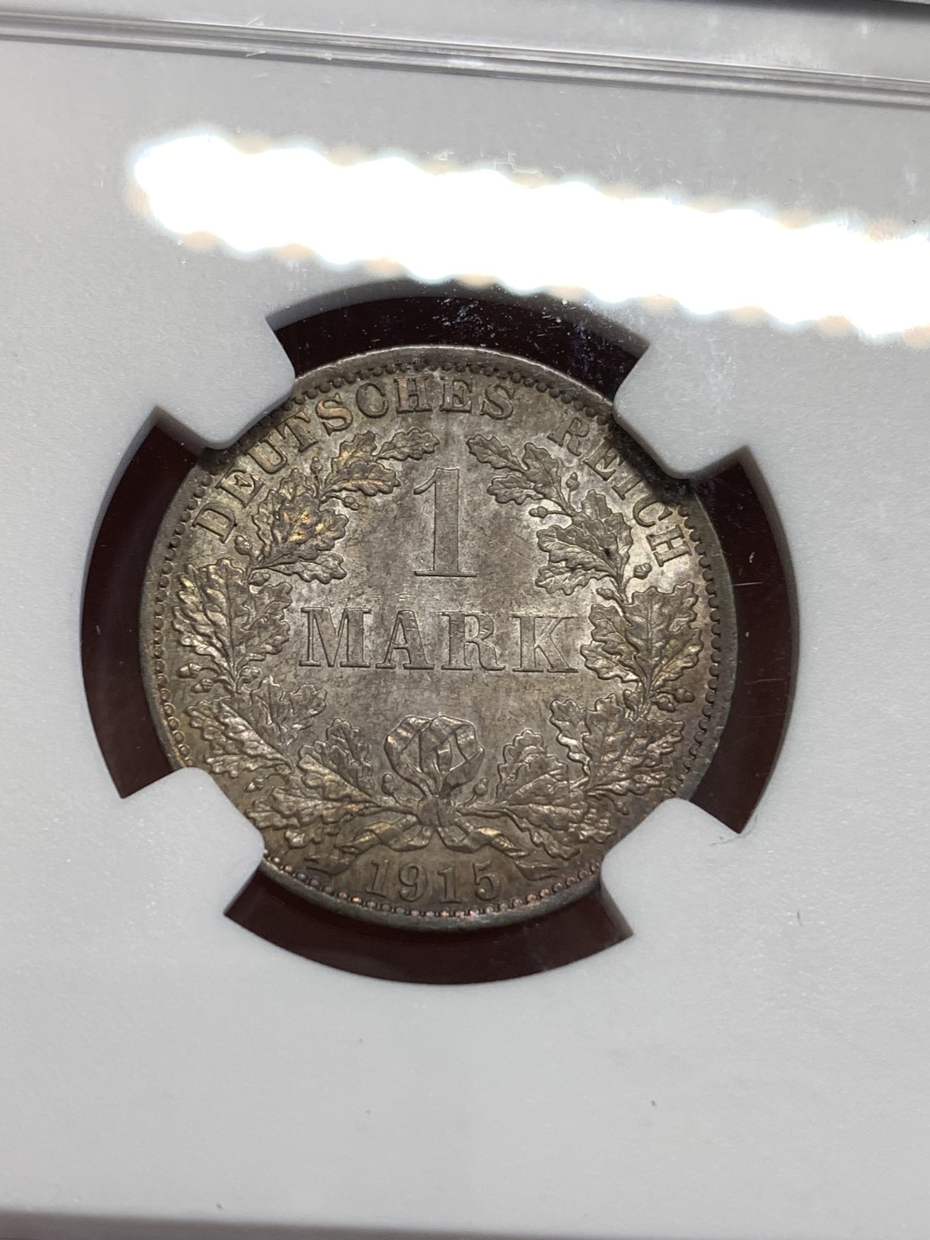 《竞宝斋》第189场-周日，周一 2场 (全场包邮) NGC-MS62 德国1915年A版1马克银币 整体五彩包浆 炫彩夺目