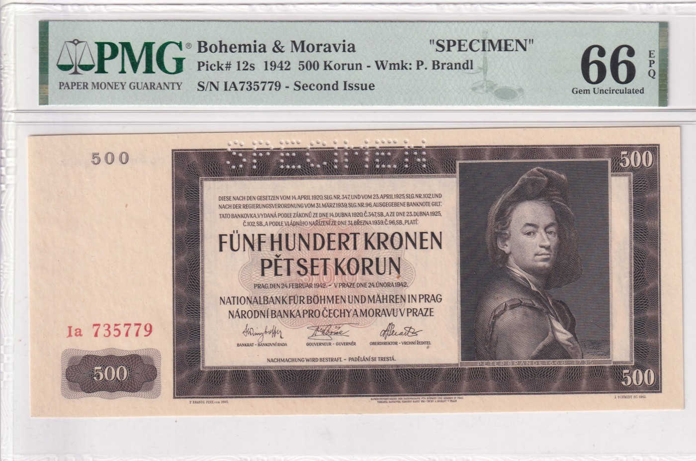 乐淘淘纸币精选 第15期 周五周六连拍第二场 【IA735779】波西米亚1942年纸币 500克朗 样钞 全奇数 PMG66EPQ 亚军分