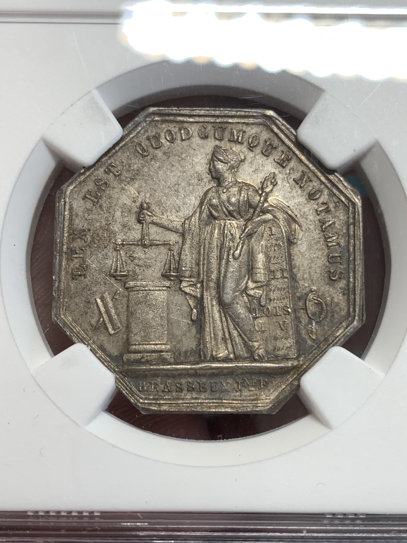 《竞宝斋》第189场-周日，周一 2场 (全场包邮) NGC-MS61 法国公正女神 八角代币银章 19世纪 浮雕优美 包浆深邃