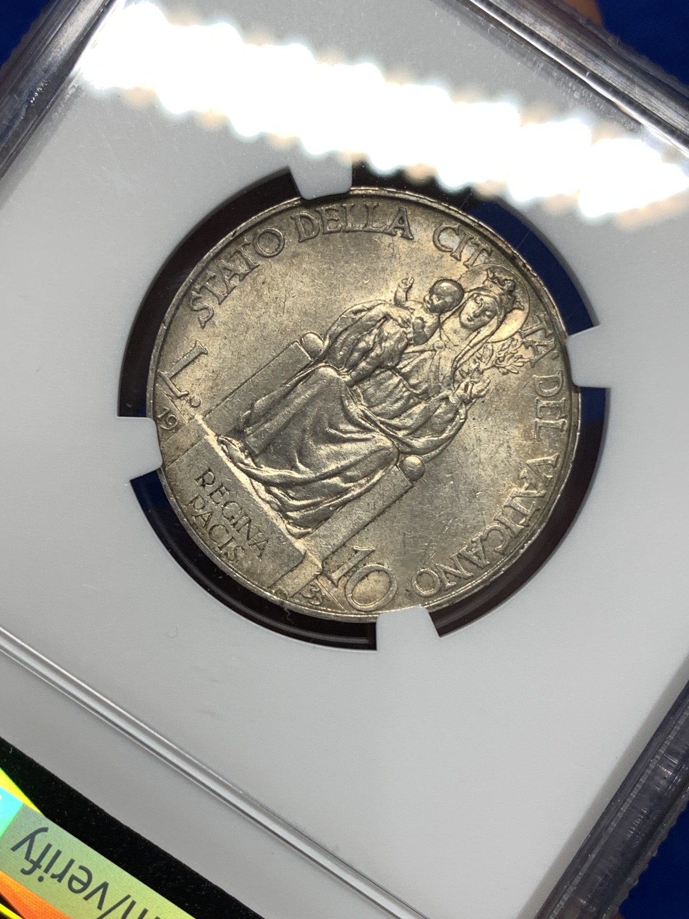 《竞宝斋》第189场-周日，周一 2场 (全场包邮) NGC-MS63 梵蒂冈1935年早期10里拉银币 圣母抱婴 MS少见