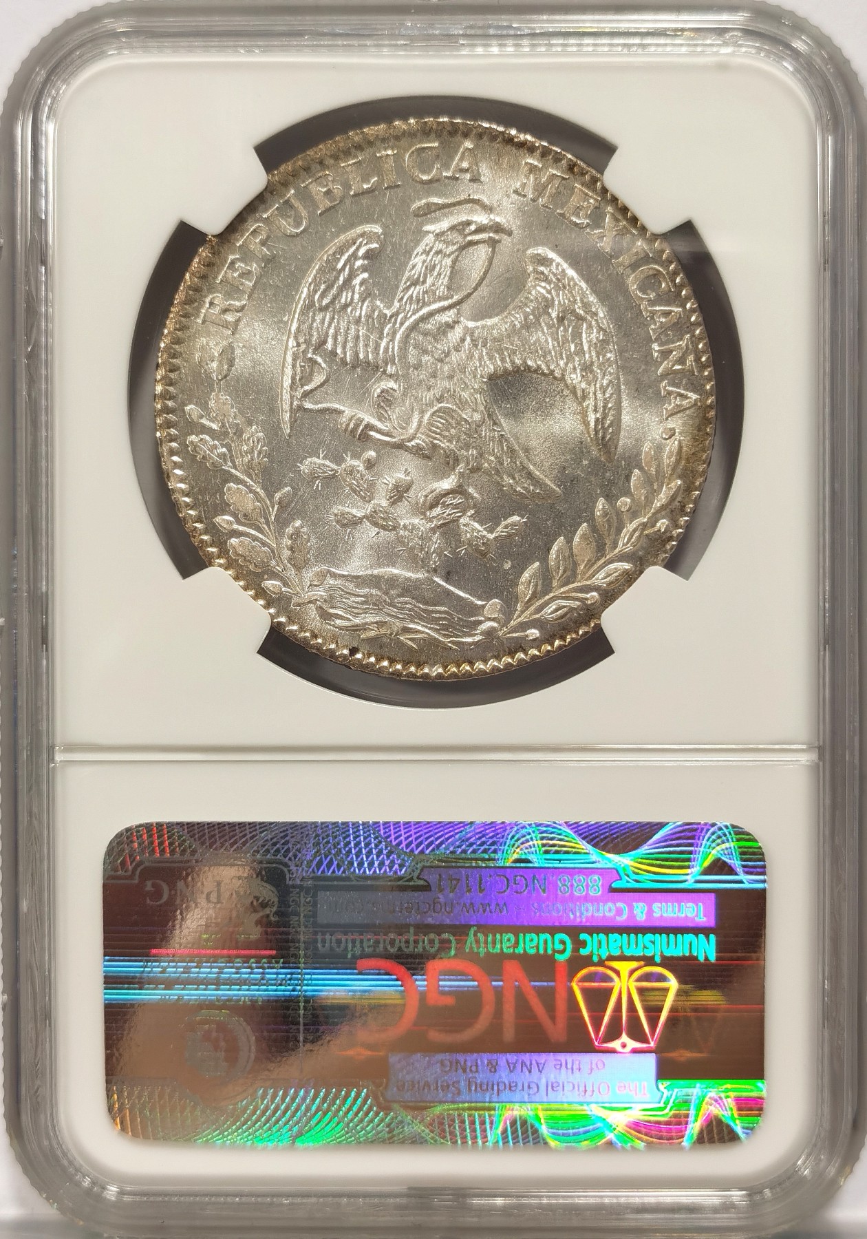 博洋堂“纯白金之夜”精品专场暨第039期（全场包邮） NGC MS64 墨西哥1862 GO YE版花边8R鹰洋，N记第二名，名家旧藏