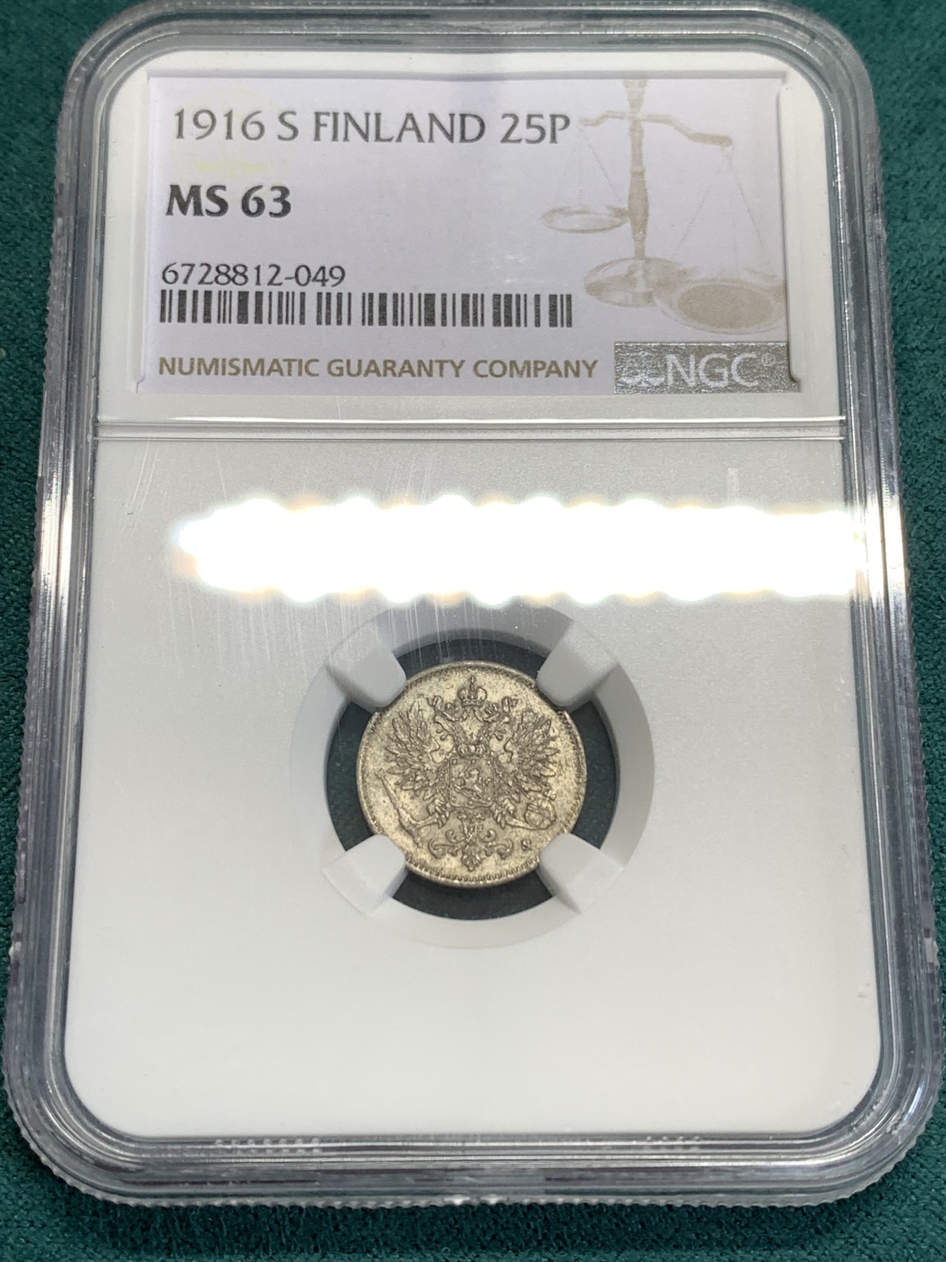 《竞宝斋》第189场-周日，周一 2场 (全场包邮) NGC-MS63 俄属芬兰1916年双头鹰25分银币
