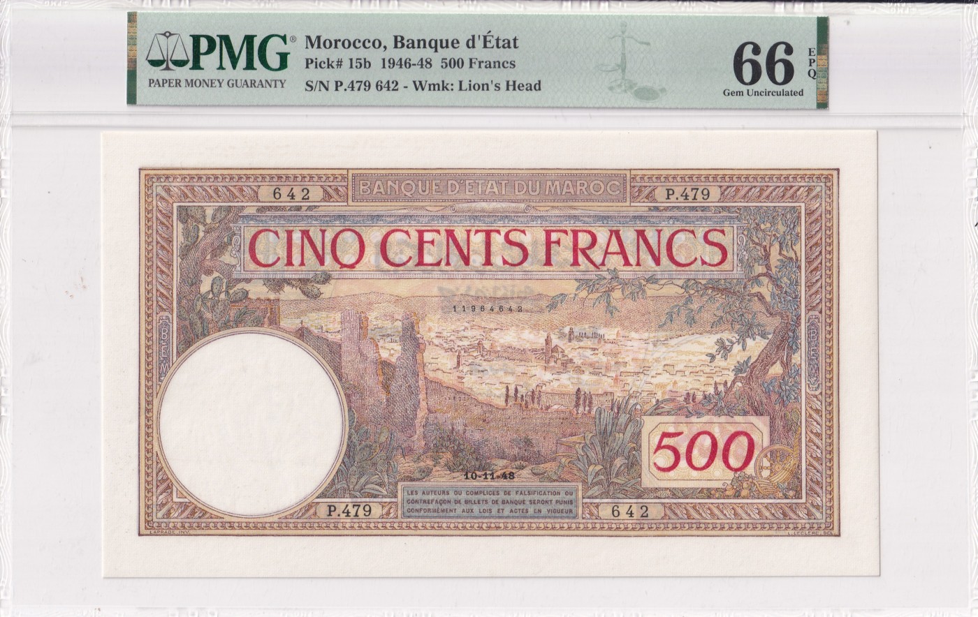 乐淘淘纸币精选 第15期 周五周六连拍第二场 【P.479 642】摩洛哥1946-48年纸币 500法郎 精美大票幅 PMG66EPQ 季军分