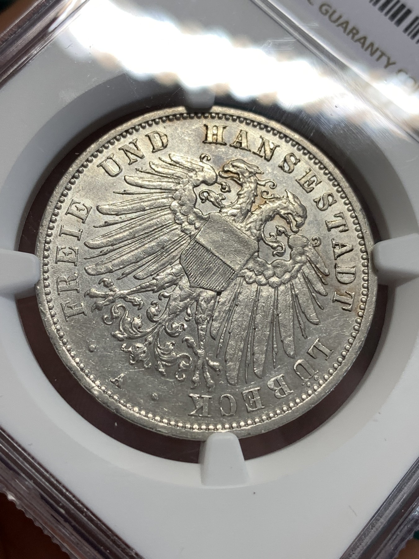 《竞宝斋》第189场-周日，周一 2场 (全场包邮) NGC MS62 德国1912吕贝克自由市双头鹰3马克银币