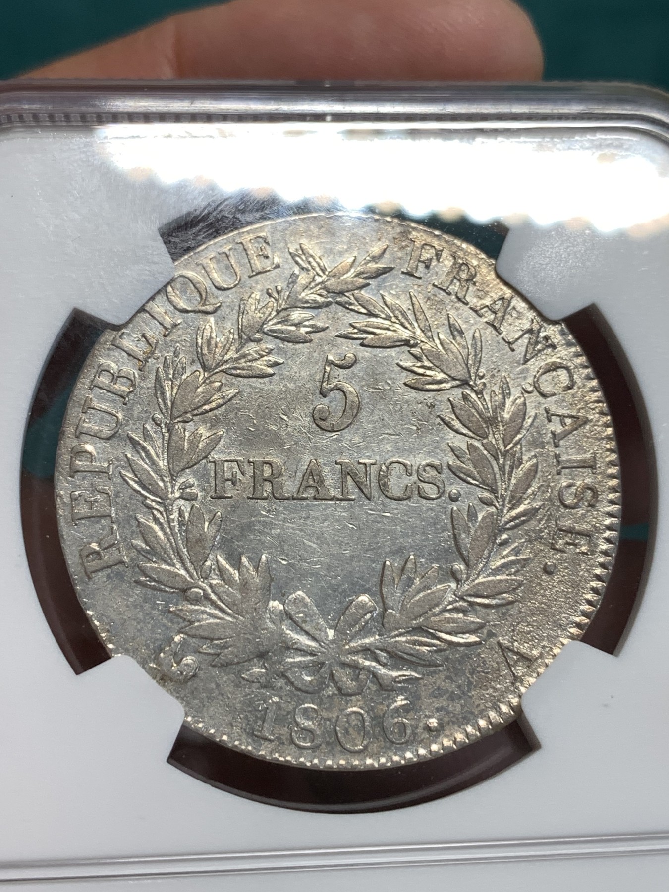 《竞宝斋》第189场-周日，周一 2场 (全场包邮) NGC XF 法国1806年拿破仑一世5法郎银币 少见头像 底板带光 非常不错