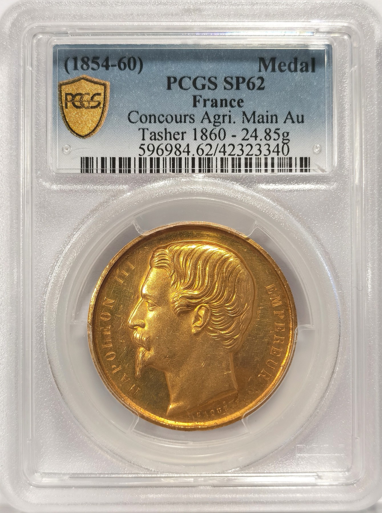 博洋堂“纯白金之夜”精品专场暨第039期（全场包邮） 法国1860年农业金章 正面为拿破仑三世 重量为24.85克 PCGS MS62 侧边可见到边铭 手指OR 资料显示边铭OR含金量为99%