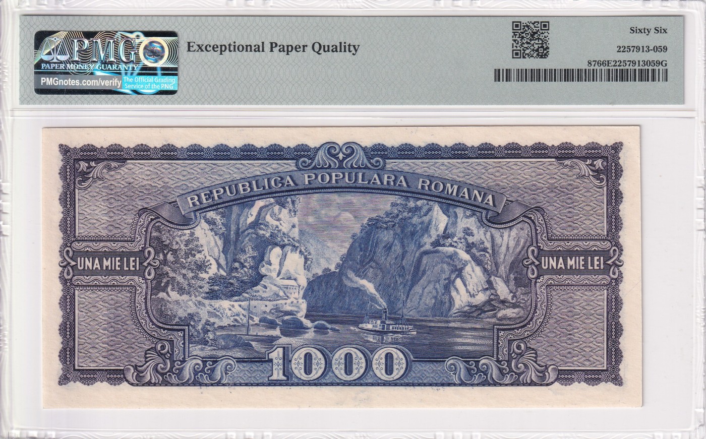 乐淘淘纸币精选 第15期 周五周六连拍第二场 【L/1 0546955】罗马尼亚1950年纸币 1000列伊 PMG66EPQ 冠军分！