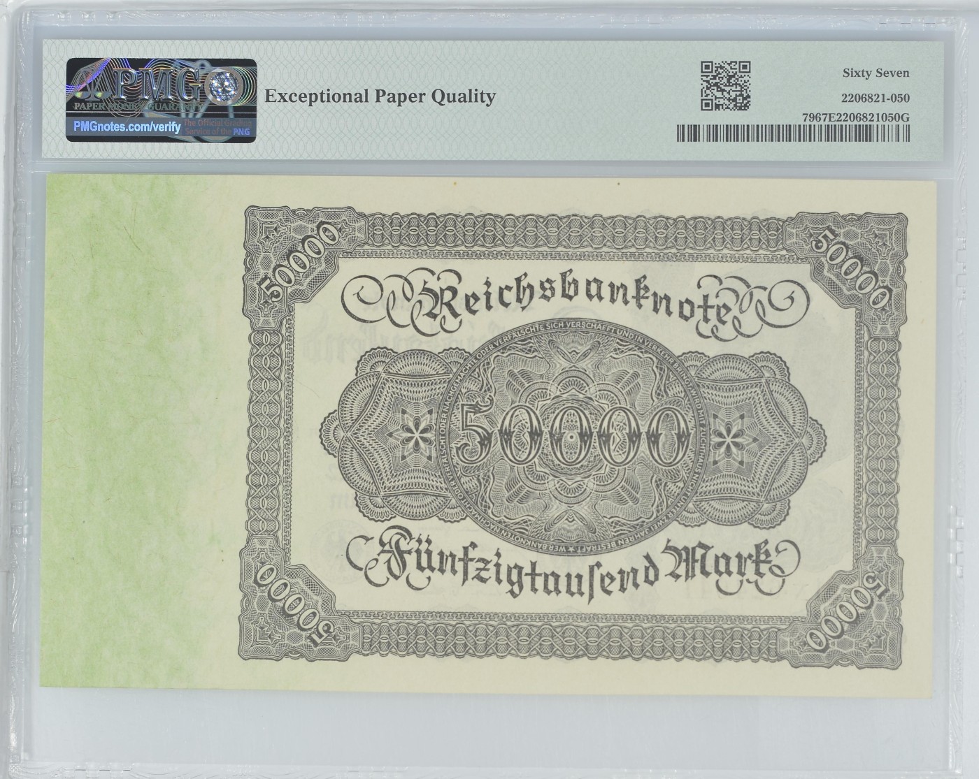 乐淘淘纸币精选 第15期 周五周六连拍第二场 【21N624641】德国1922年纸币 50000马克 百年老钞 大票幅 PMG67EPQ 亚军分（冠军分仅一张）