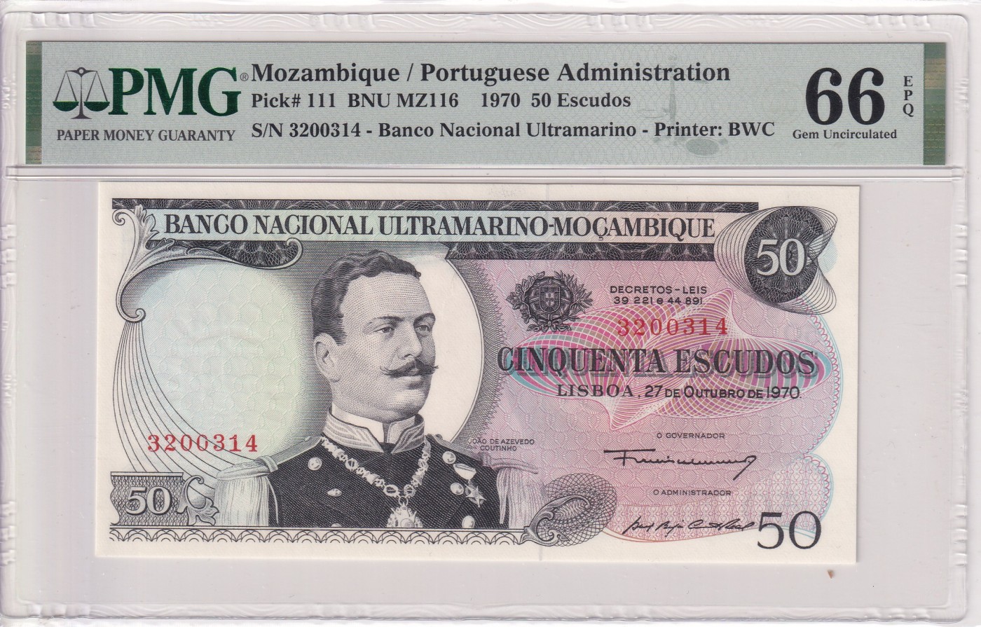 乐淘淘纸币精选 第15期 周五周六连拍第二场 【3200314】莫桑比克1970年纸币 50埃斯库多 PMG66EPQ 亚军分