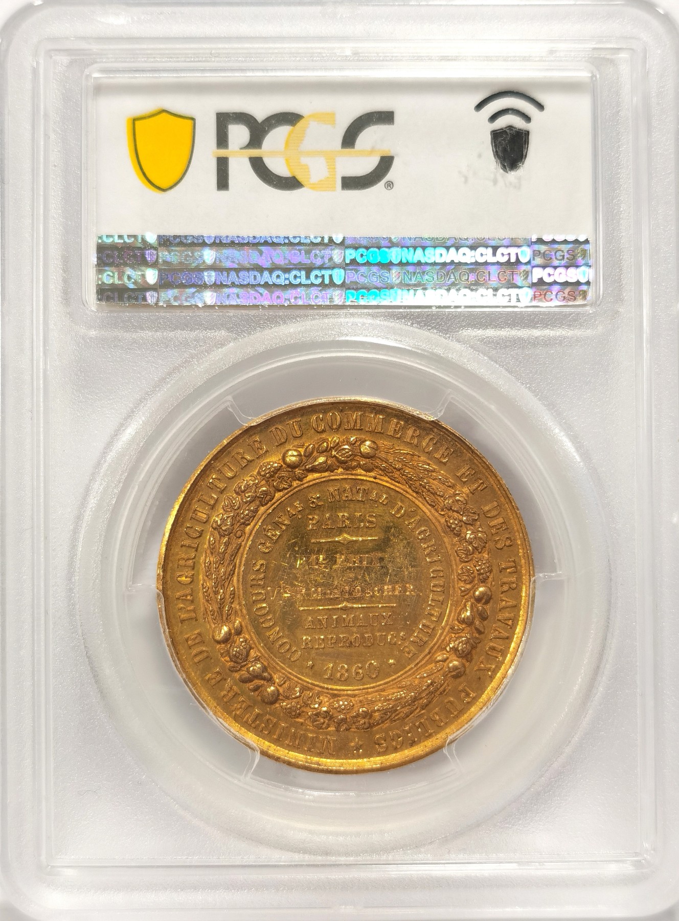博洋堂“纯白金之夜”精品专场暨第039期（全场包邮） 法国1860年农业金章 正面为拿破仑三世 重量为24.85克 PCGS MS62 侧边可见到边铭 手指OR 资料显示边铭OR含金量为99%