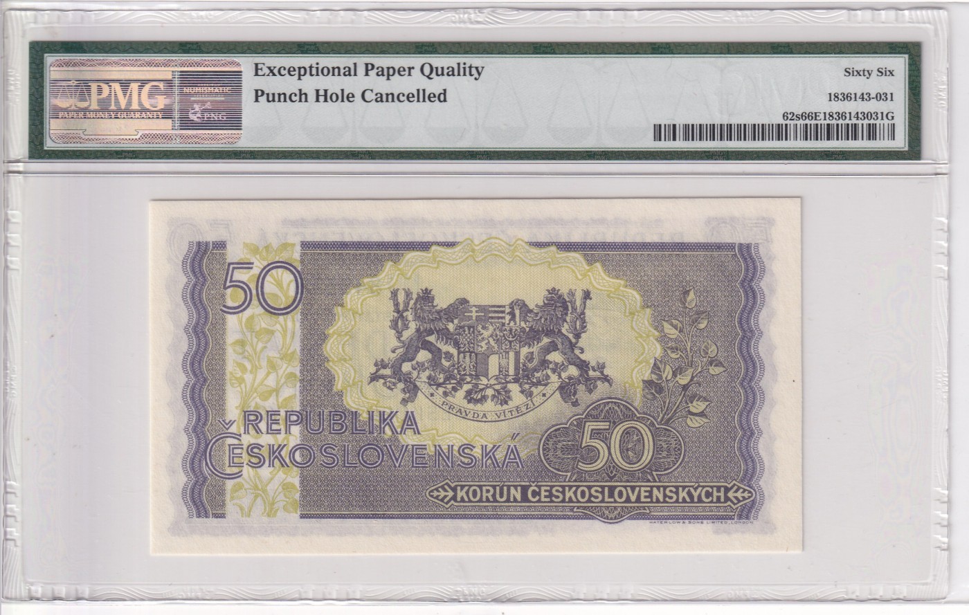 乐淘淘纸币精选 第15期 周五周六连拍第二场 【MD849528】捷克斯洛伐克1945年纸币 50克朗 样钞 PMG66EPQ 亚军分（冠军分仅一张）