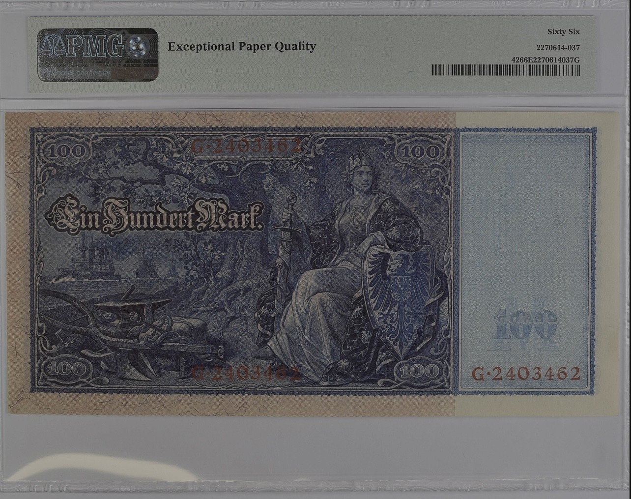 乐淘淘纸币精选 第15期 周五周六连拍第二场 【G2403462】德国1910年纸币 100马克 精美大票幅 百年老钞 PMG66EPQ 亚军分