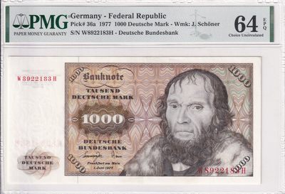 乐淘淘纸币精选 第14期 周五周六连拍第一场 - 【W8922183H】德国1977年纸币 1000马克 经典大副 舍那 号码无47 PMG64EPQ