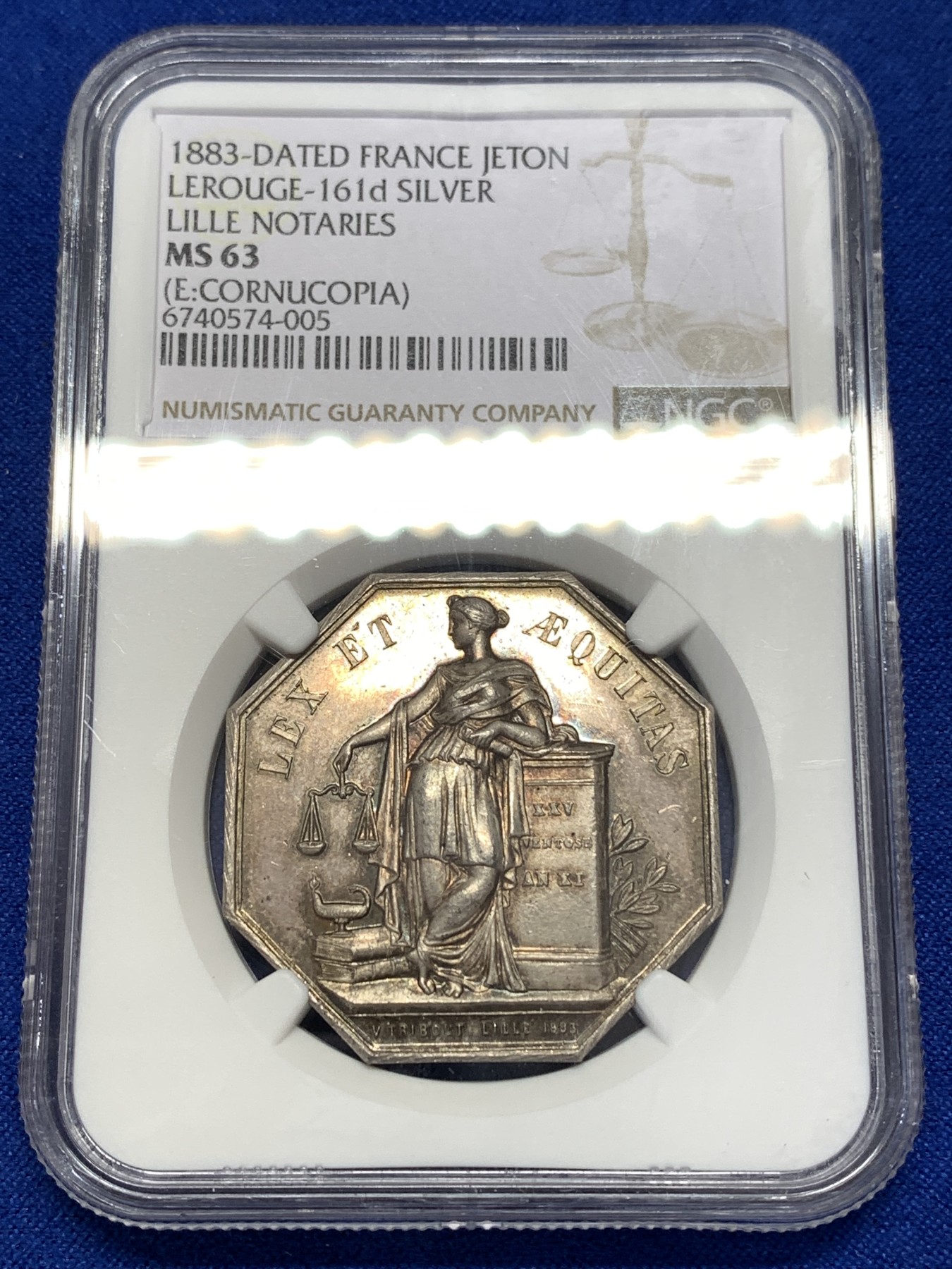 《竞宝斋》第189场-周日，周一 2场 (全场包邮) NGC-MS63 法国1883年里尔公证处八角银质代币、五彩银质大规格八角、高浮雕63分不容易、手拿天秤公证处代币