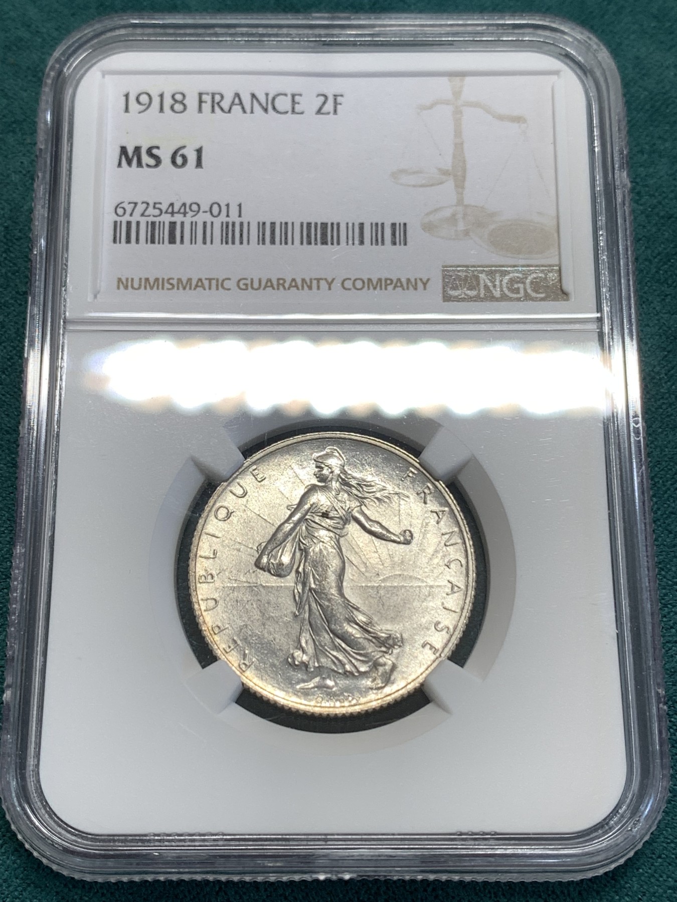 《竞宝斋》第189场-周日，周一 2场 (全场包邮) NGC-MS61 法国 1918年 播种女神2法郎银币 低评