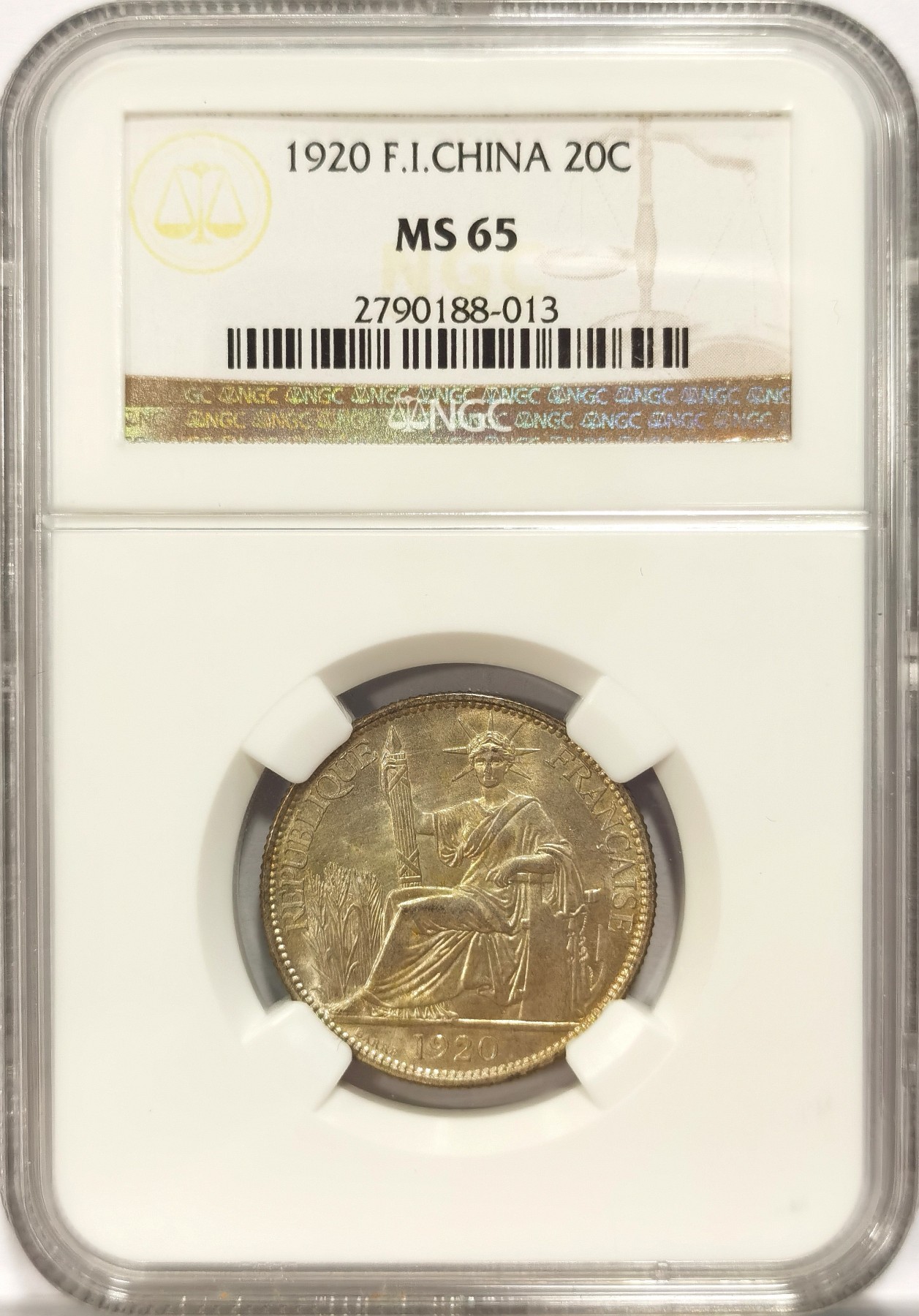 博洋堂“纯白金之夜”精品专场暨第039期（全场包邮） NGC MS65 法属印度支那1920年旧金山版20分银币