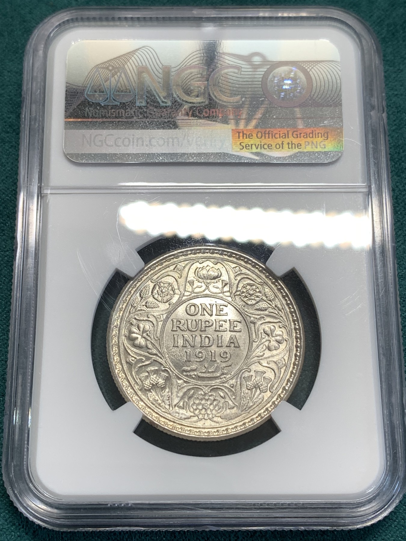 《竞宝斋》第189场-周日，周一 2场 (全场包邮) NGC-MS61 印度 1919年 乔治五世1卢比银币