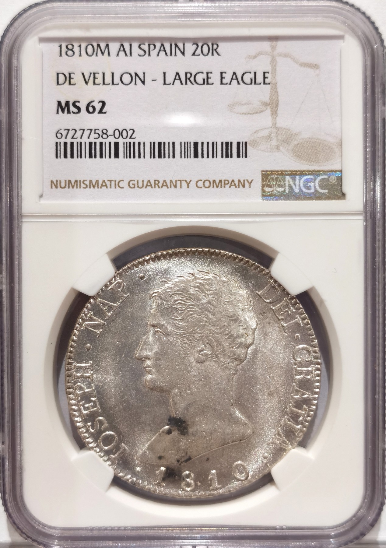 博洋堂“纯白金之夜”精品专场暨第039期（全场包邮） NGC MS62 法占西班牙拿破仑一世1810年20里亚尔大银币 粉光闪闪 一颗毕业 状态低评 58分已经六千