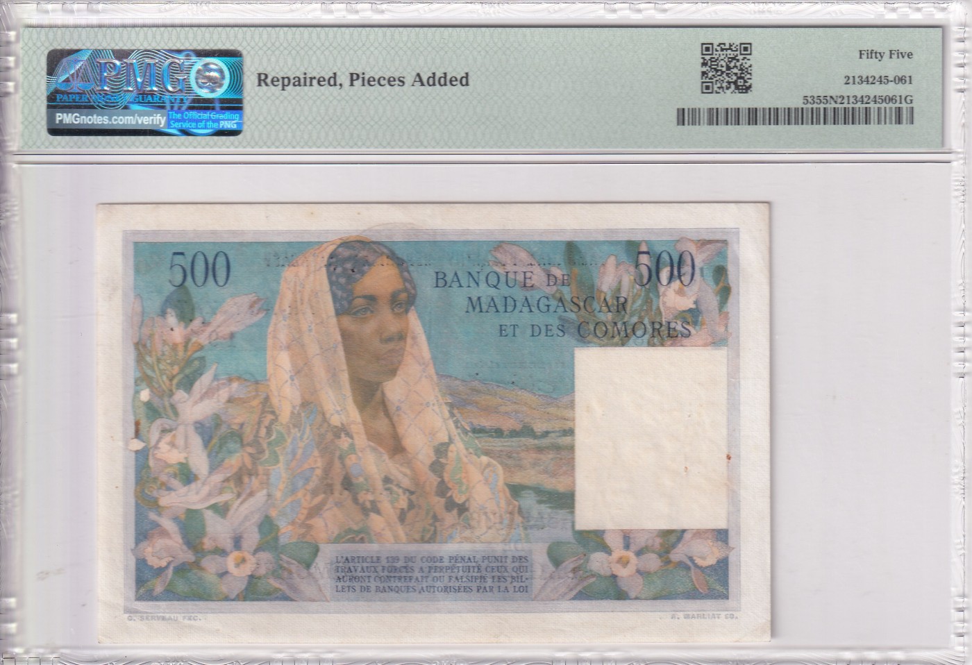 乐淘淘纸币精选 第15期 周五周六连拍第二场 【N.386 195】马达加斯加1950-52年纸币 500法郎 极其稀少品种 PMG55NET 亚军分（冠军分仅一张）
