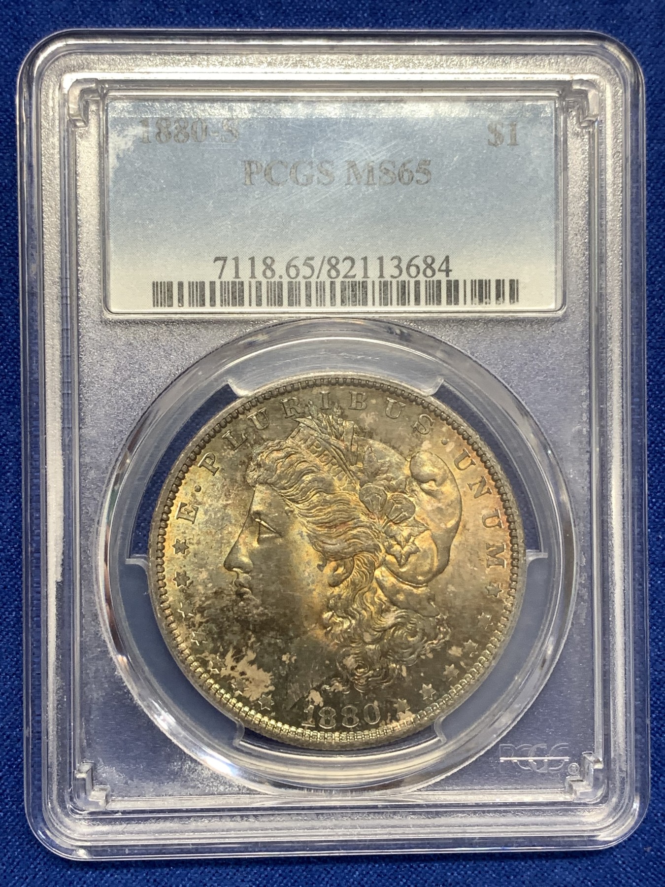《竞宝斋》第189场-周日，周一 2场 (全场包邮) PCGS MS65 美国1880年摩根 极品五彩 这个五彩不多说了 喜欢直接干