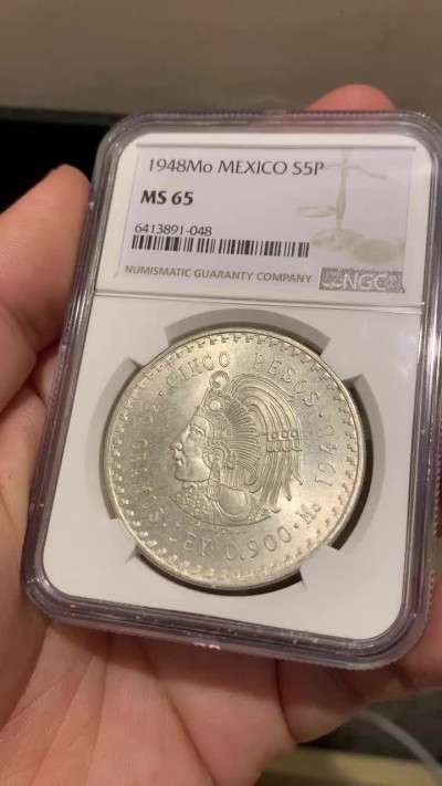 《竞宝斋》第189场-周日，周一 2场 (全场包邮) NGC-MS65 墨西哥1948年印第安人头像5比索大银币