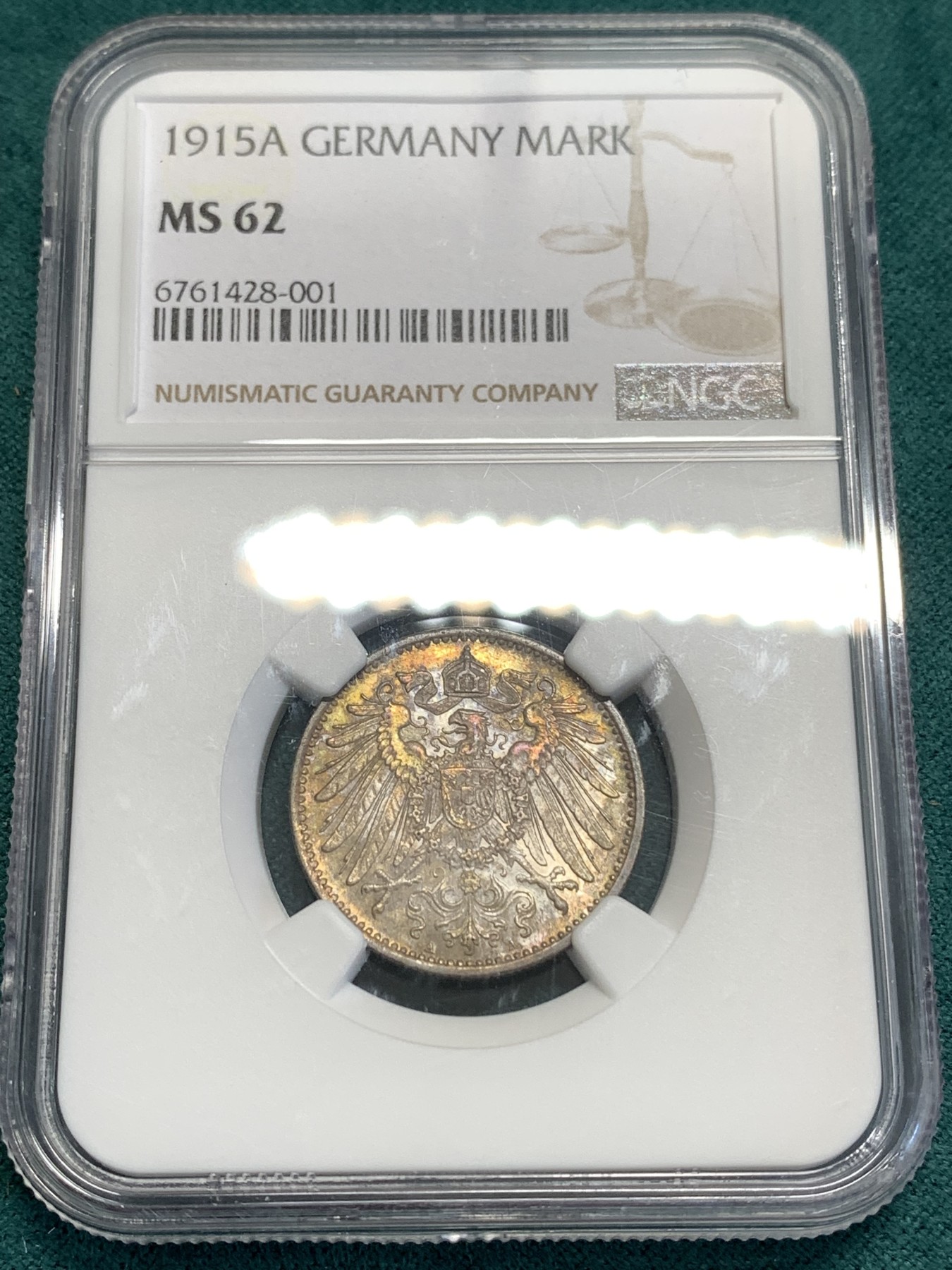 《竞宝斋》第189场-周日，周一 2场 (全场包邮) NGC-MS62 德国1915年A版1马克银币 整体五彩包浆 炫彩夺目