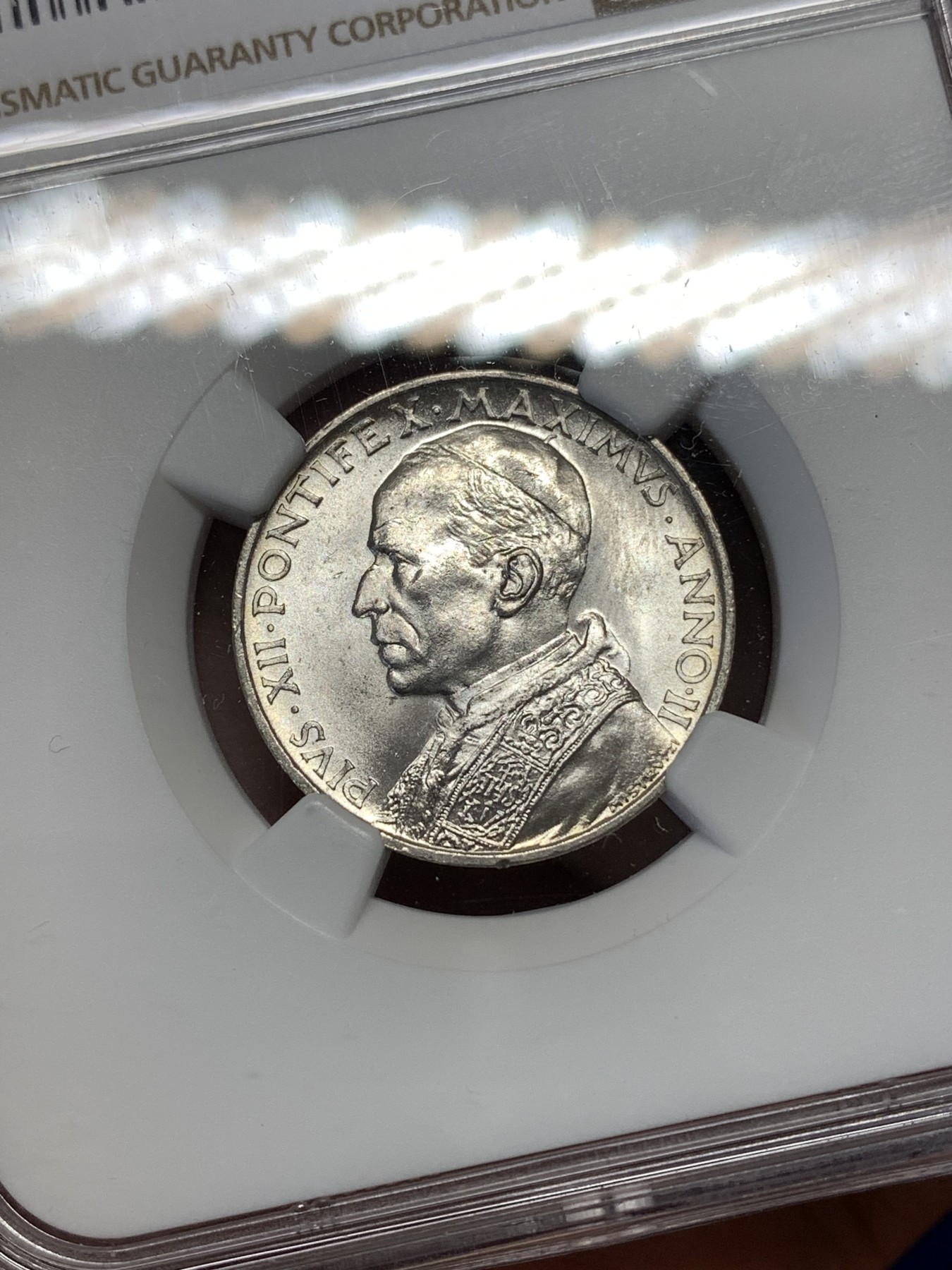 《竞宝斋》第189场-周日，周一 2场 (全场包邮) NGC-MS63 梵蒂冈 1940年 5里拉 划船银币 也很少见了