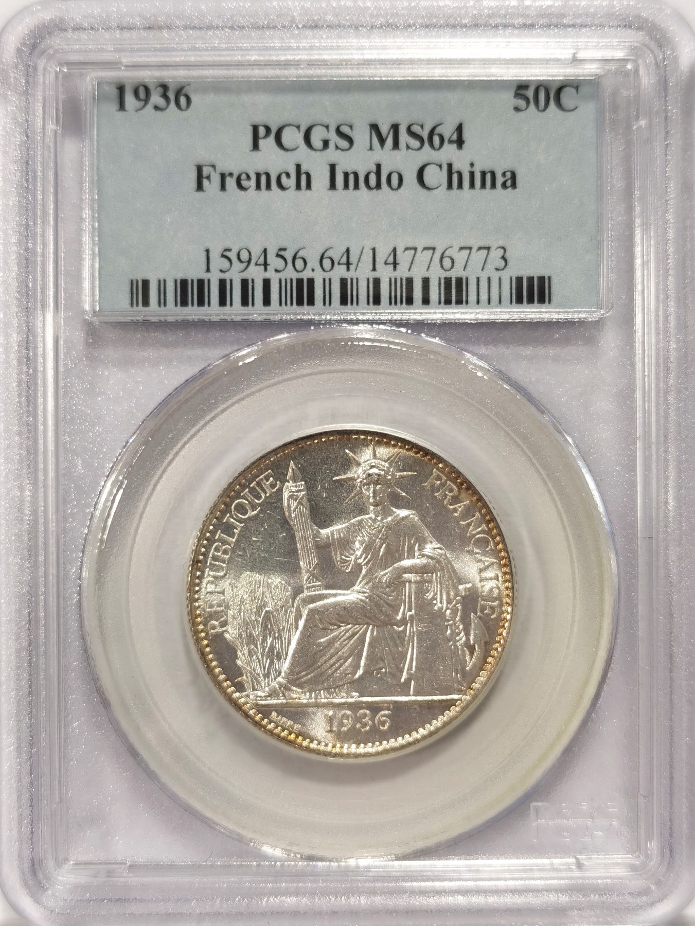 博洋堂“纯白金之夜”精品专场暨第039期（全场包邮） PCGS MS64 法属印度支那1936年50分银币，背图盒子左下角有一处小磕损，不影响密封