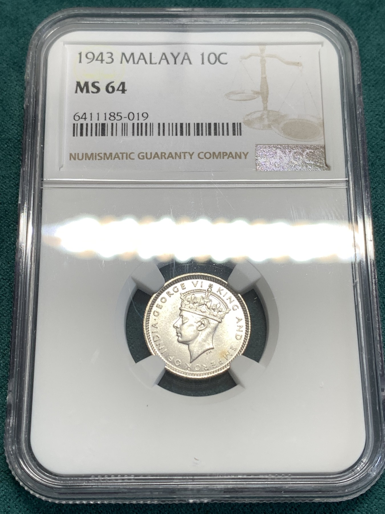 《竞宝斋》第189场-周日，周一 2场 (全场包邮) NGC-MS64 马来西亚1943年10分银币