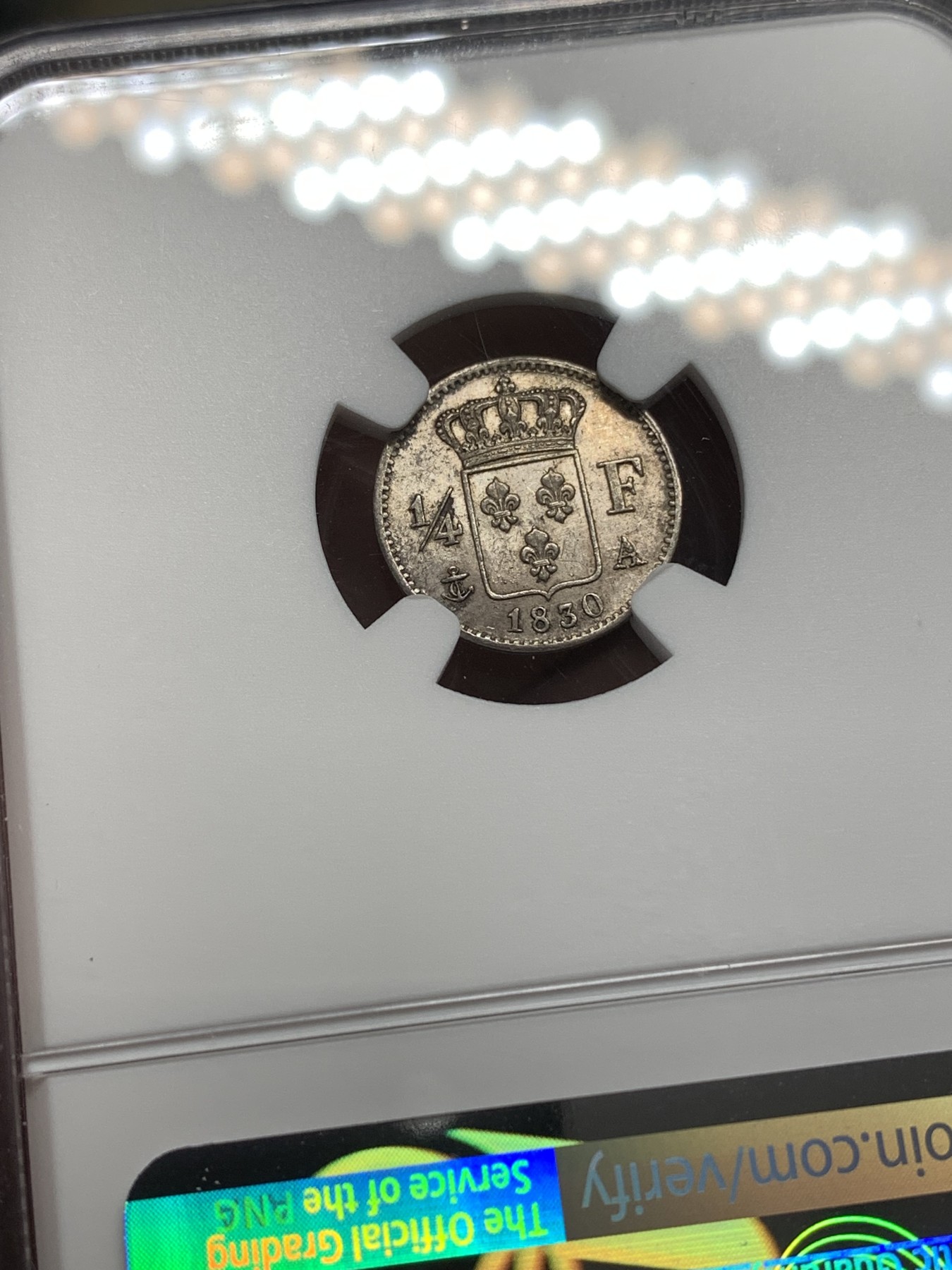 《竞宝斋》第189场-周日，周一 2场 (全场包邮) NGC MS61 法国1830年A巴黎厂查理十世1/4法郎银币 在位十年 极少好品辅币