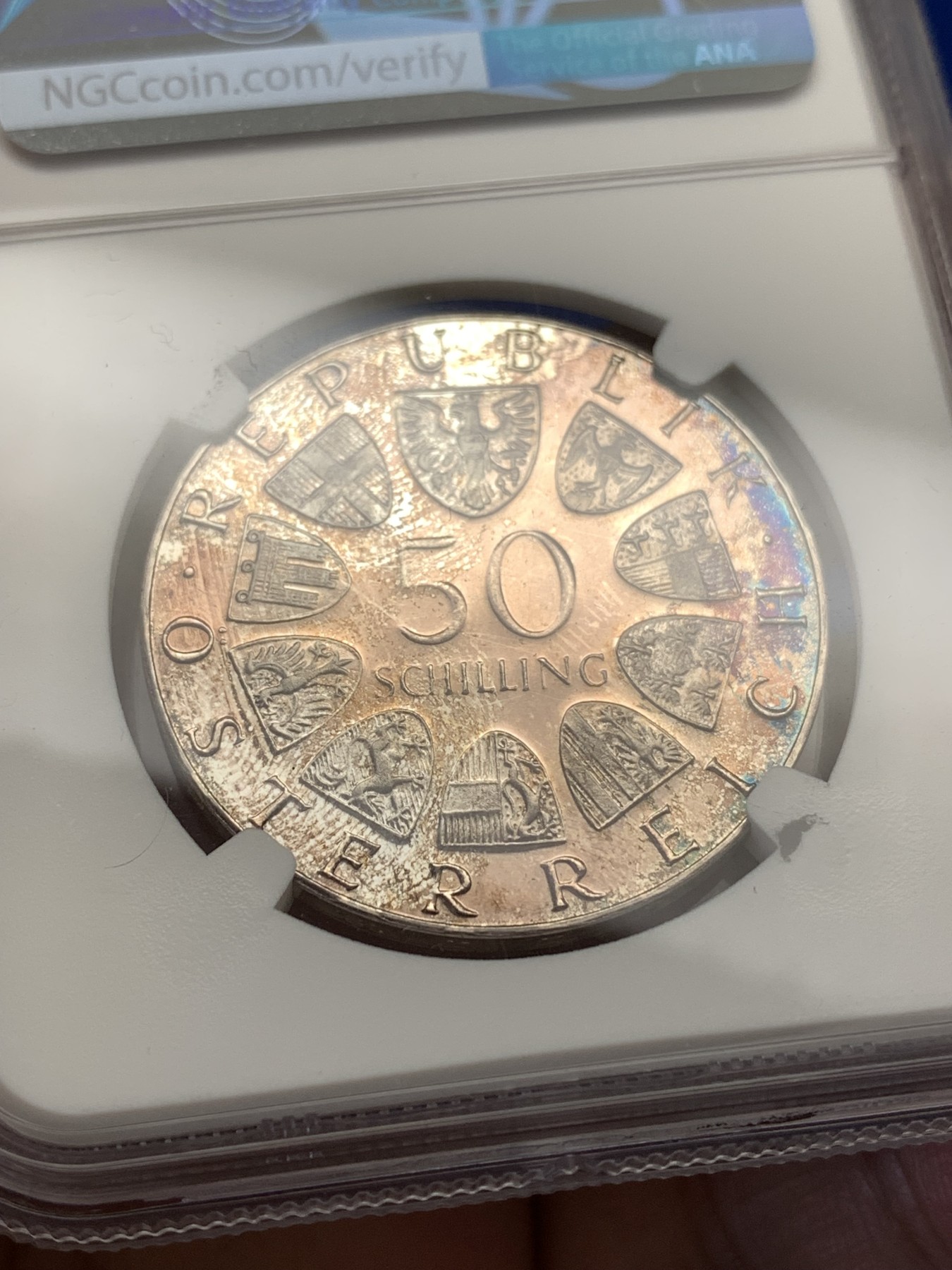 《竞宝斋》第189场-周日，周一 2场 (全场包邮) NGC-PF66 cameo状态 奥地利1973年50先令银币 精制币少见