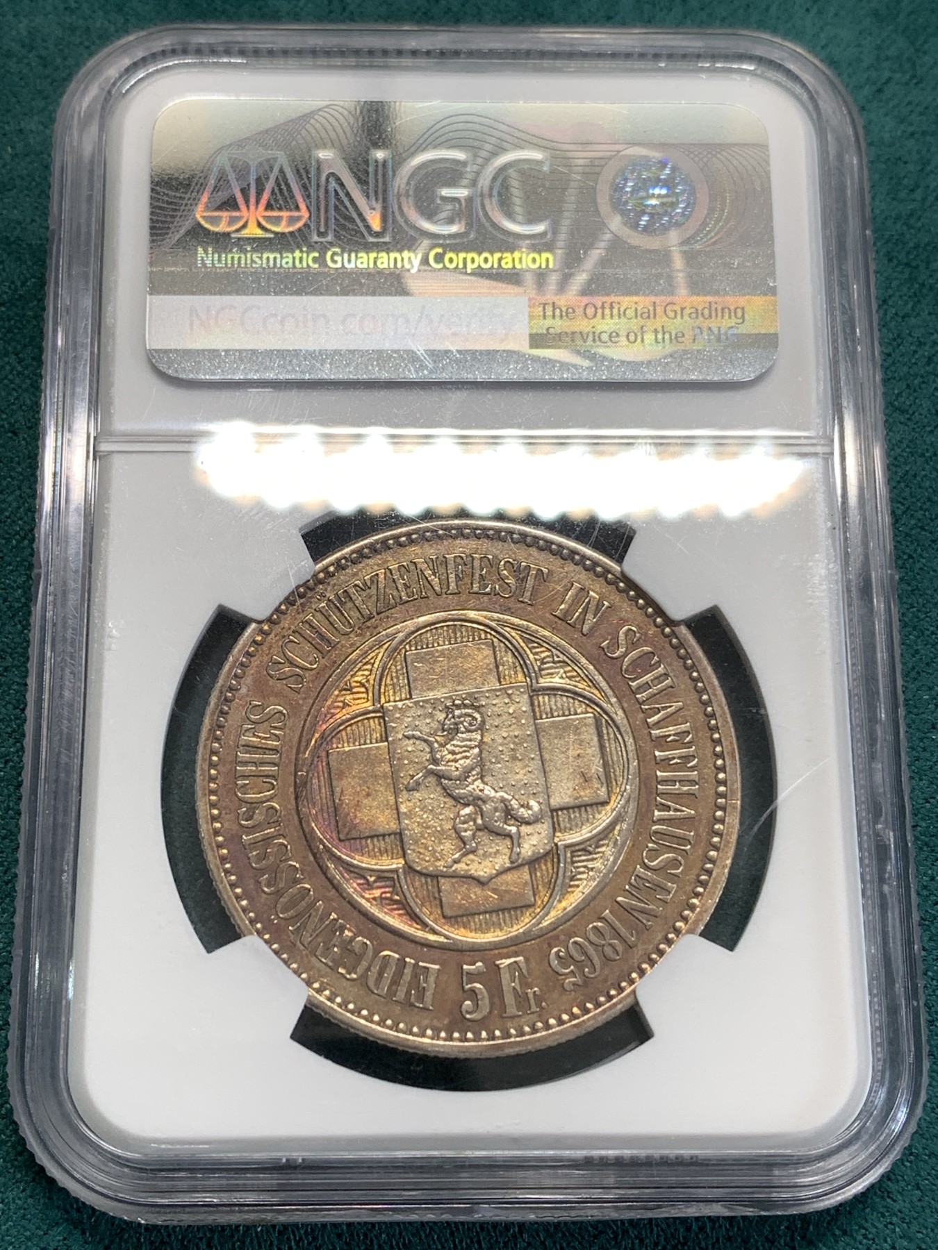 《竞宝斋》第189场-周日，周一 2场 (全场包邮) NGC-AUD 瑞士1865年 射击节5法郎银币