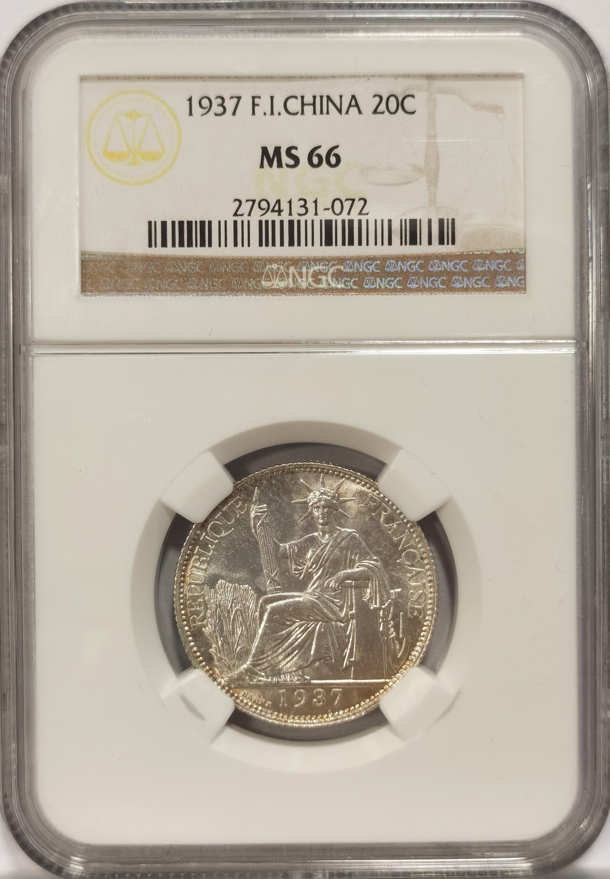 博洋堂“纯白金之夜”精品专场暨第039期（全场包邮） NGC MS66 法属印度支那1937年20分银币