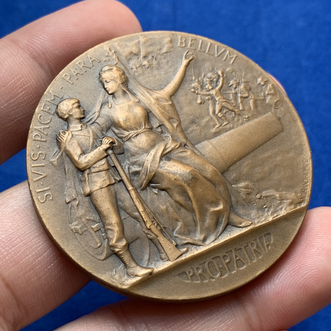 《竞宝斋》第189场-周日，周一 2场 (全场包邮) 法国经典军事备战铜章   直径：50mm 重量：69.34g   边铭：丰饶角加铜标