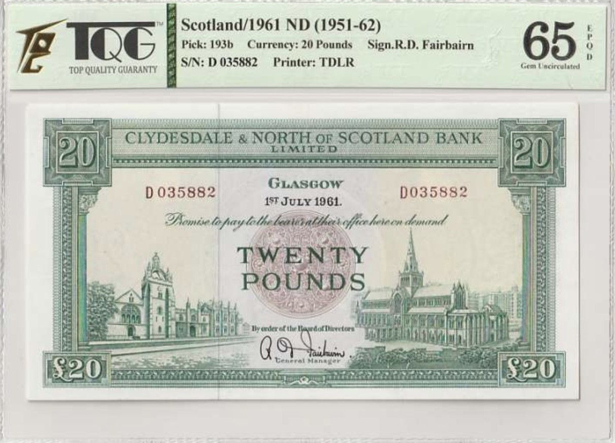 乐淘淘纸币精选 第15期 周五周六连拍第二场 【D 035882】苏格兰1961年纸币 20镑 苏格兰克莱兹代尔和北方苏格兰银行 号码无47 稀少品种 TQG65EPQ